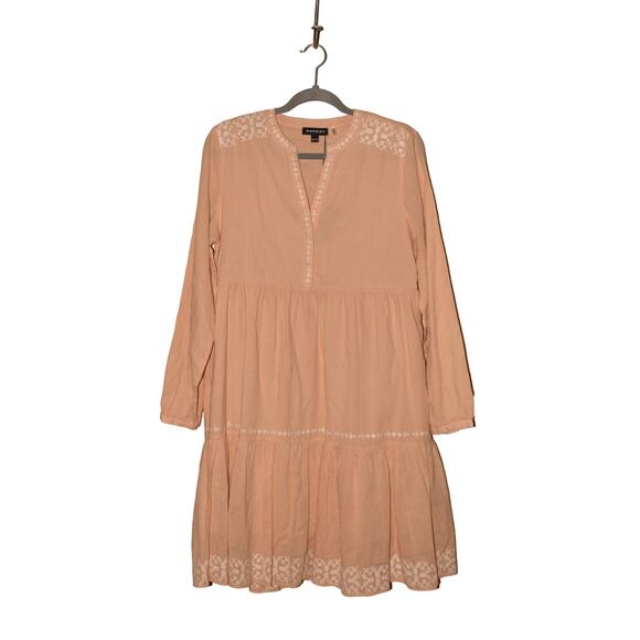 REPEAT NEW $313 Embroidered Cotton Tiered Long Sleeve Dress‎ Peach 36 / XS - Picture 1 of 5